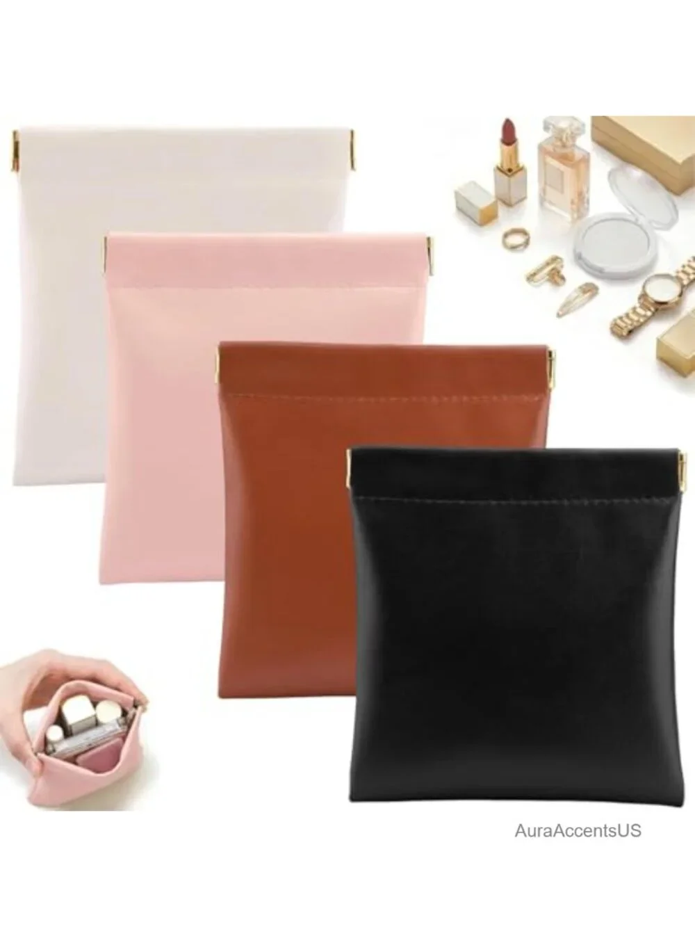 Mini Faux Leather Cosmetic Bags for Purse 4 Pack - Waterproof Snap Closure